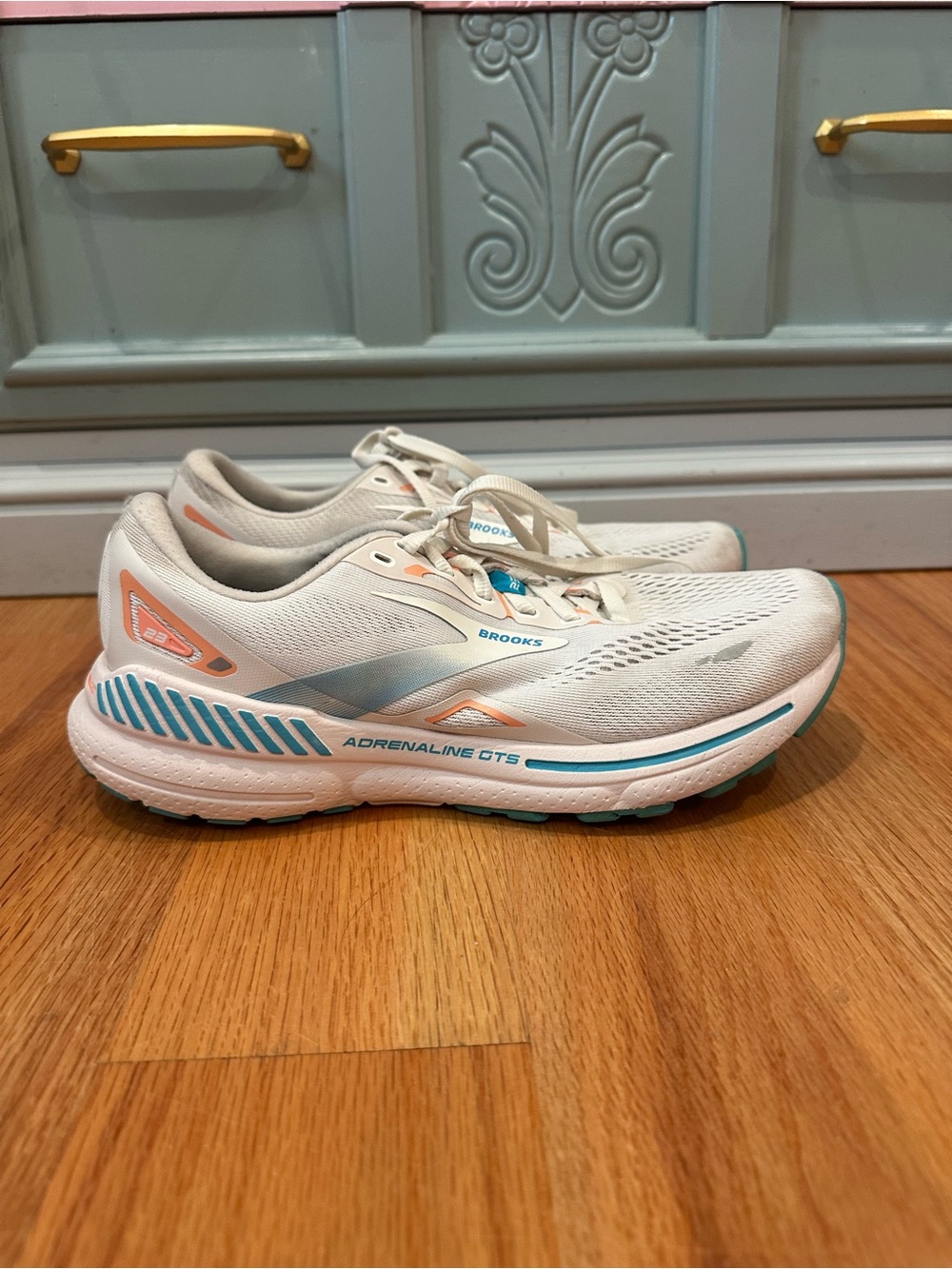 Brooks Women's Athletic Running Shoes in White with Teal & Peach Accents